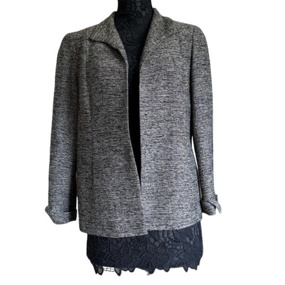 Vintage black tan linen wool tweed open wrap padded shoulder Blazer jack…